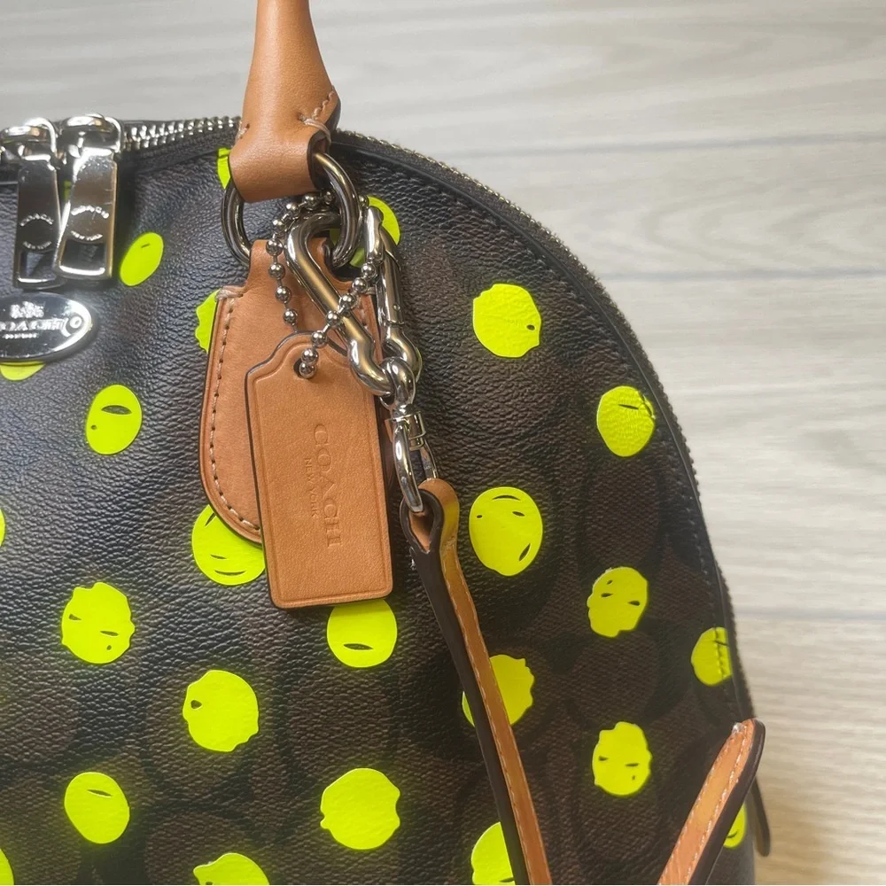 Coach Cora Dome Satchel Purse Signature Canvas Neon Yellow Dots w/Leather Trim - Picture 4 of 15